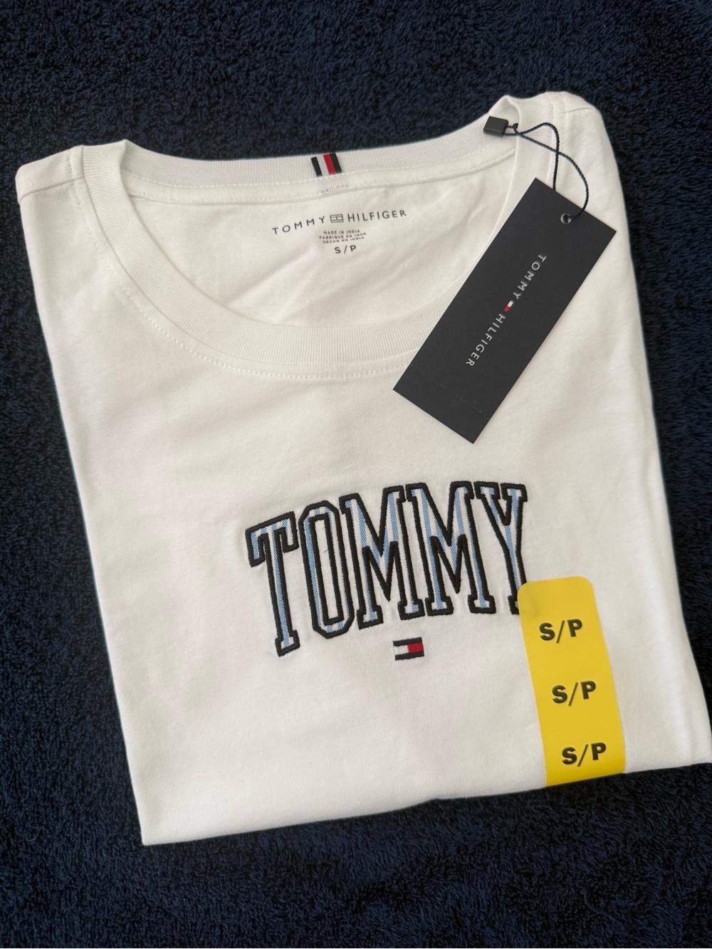Tommy Hilfiger White Short-Sleeve Crew Tee with Navy Embroidered 'TOMMY' Logo